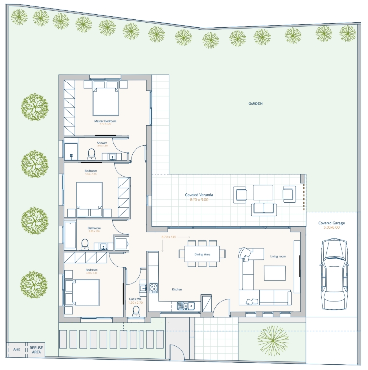 Floorplan for 3-bedroom Bungalow, Pervolia, Larnaka, Cyprus