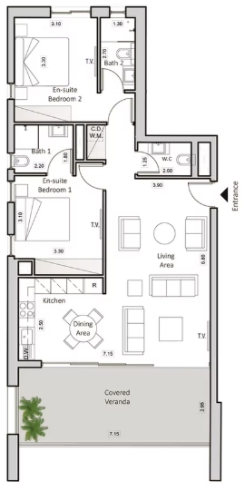 Floorplan for 2-bedroom Apartment, Larnaka Town, Larnaka, Cyprus